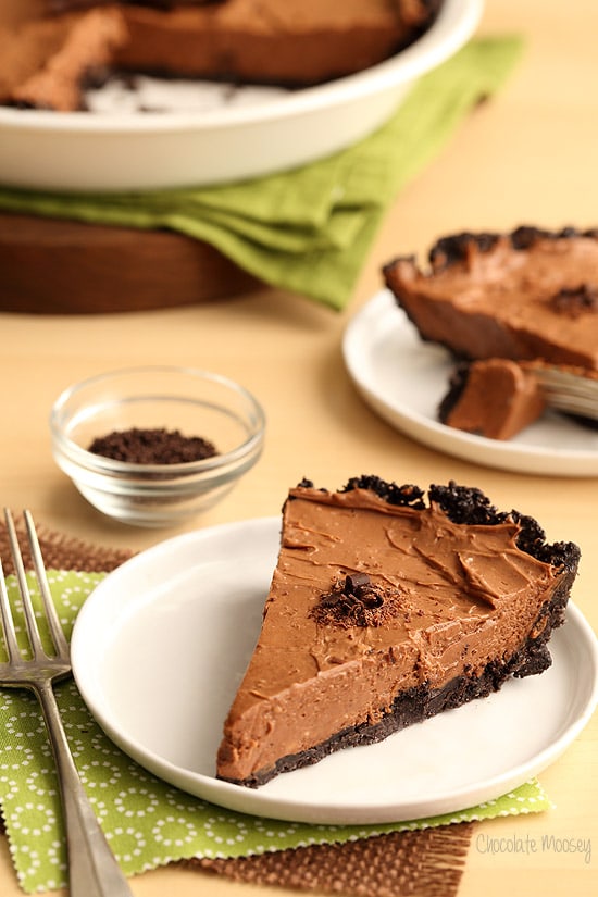 Slice of no bake chocolate pie on a white plate