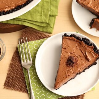 Slice of no bake chocolate pie on a white plate