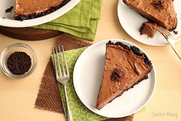 Slice of no bake chocolate pie on a white plate