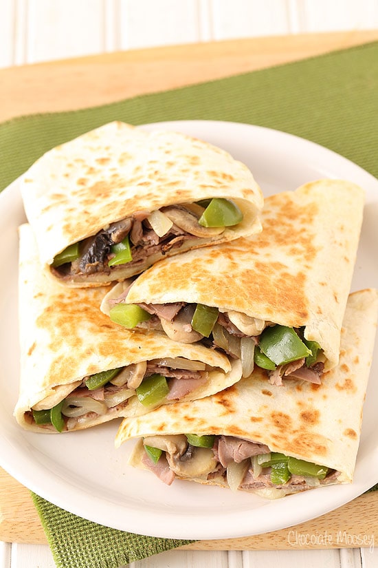 Philly Cheesesteak Quesadillas made with deli roast beef