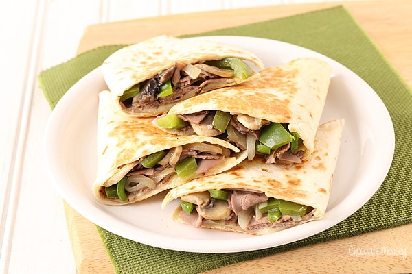 Philly Cheesesteak Quesadillas made with deli roast beef