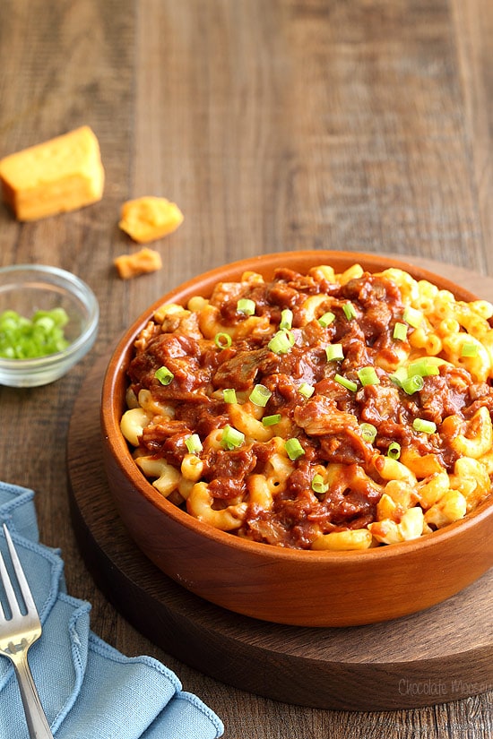 BBQ pork mac and cheese in brown bowl