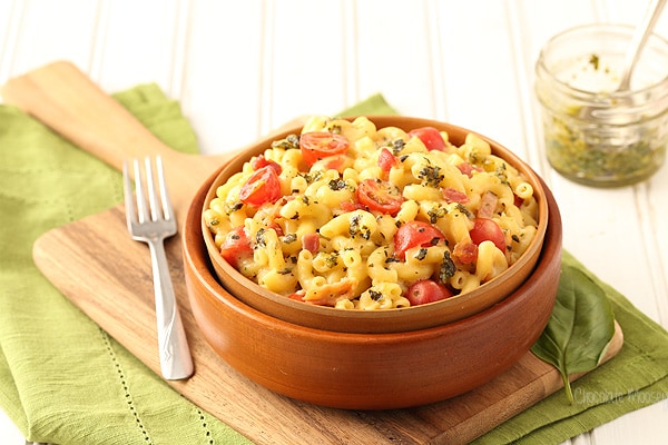 Bacon and Pesto Macaroni and Cheese with homemade basil pesto