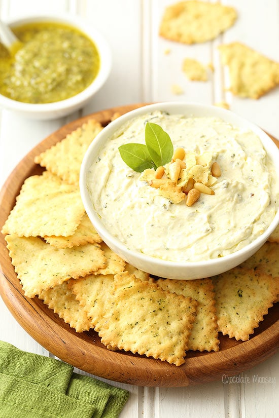 Pesto Dip in white bowl with chips