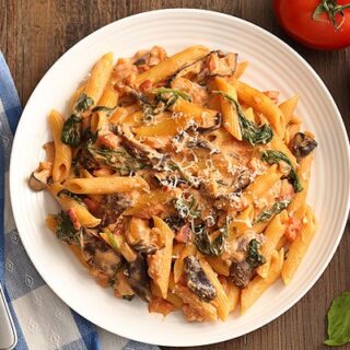 Creamy Tomato and Mushroom Pasta with spinach and homemade tomato sauce