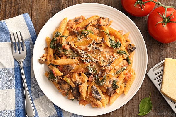 Creamy Tomato and Mushroom Pasta with spinach and homemade tomato sauce