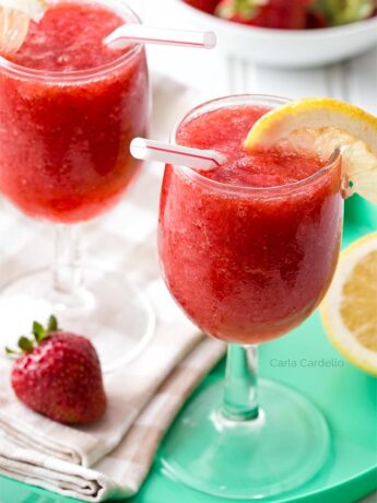 Close up of strawberry slushie in wine glass