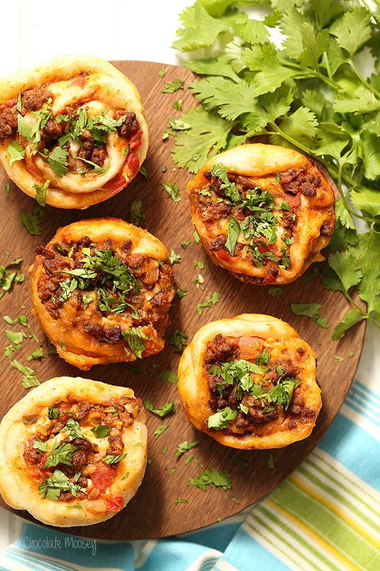 Taco Pizza Roll Ups with ground beef, salsa, and cheese