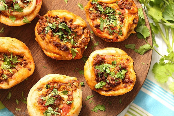 Taco Pizza Roll Ups with ground beef, salsa, and cheese