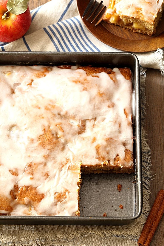 Apple Fritter Cake in 8x8 pan with piece missing