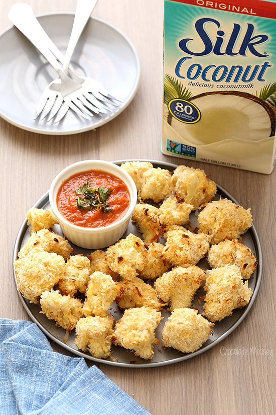 Coconut Crusted Baked Cauliflower Bites with homemade marinara sauce