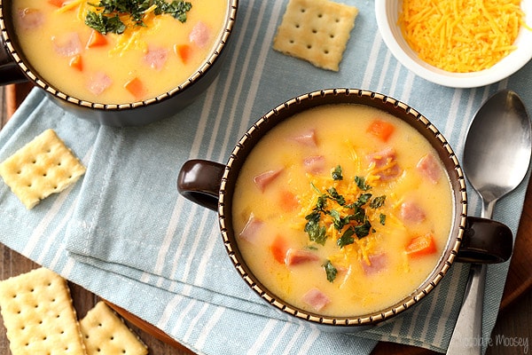 two bowls of ham and cheese soup