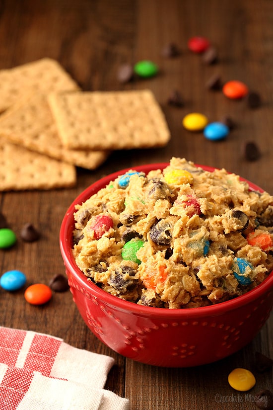 Monster Cookie Dough Dip with peanut butter, M&Ms, chocolate chips, and oats