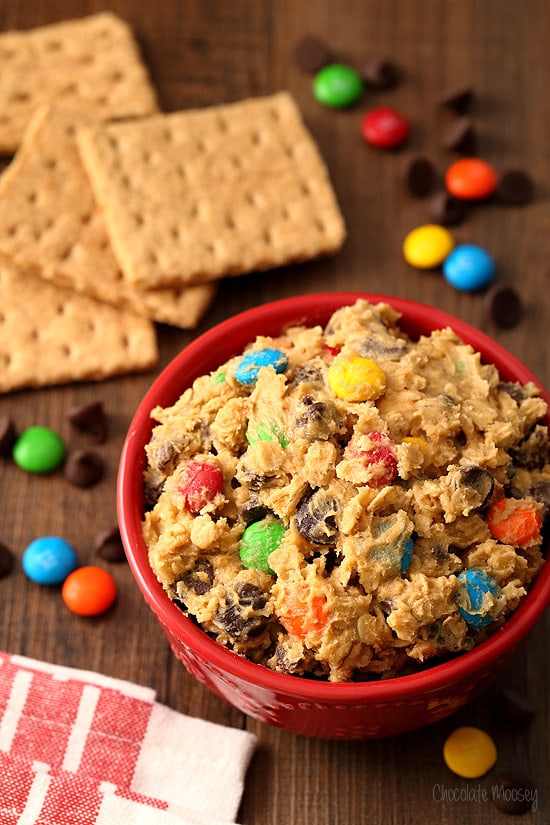 Monster Cookie Dough Dip with peanut butter, M&Ms, chocolate chips, and oats