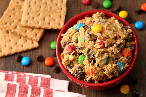 Monster Cookie Dough Dip with peanut butter, M&Ms, chocolate chips, and oats