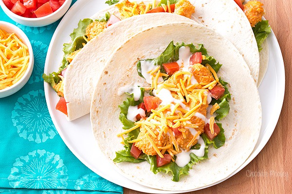 Unfolded Buffalo Chicken Taco with crispy baked buffalo chicken strips