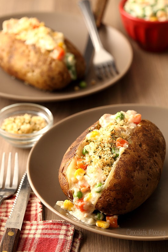 Chicken Pot Pie Baked Potatoes For Two have the components of a pot pie without making a pie crust. Learn how to make baked potatoes in the oven and in the microwave for an easy weeknight dinner for two.