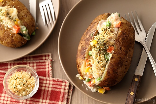 Chicken Pot Pie Baked Potatoes For Two have the components of a pot pie without making a pie crust. Learn how to make baked potatoes in the oven and in the microwave for an easy weeknight dinner for two.