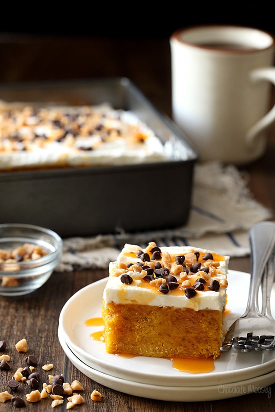 Pumpkin Spice Poke Cake made from scratch without cake mix