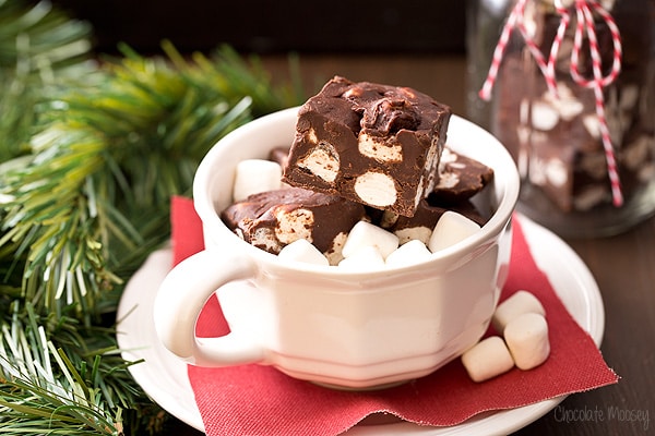 Marshmallow Chocolate Fudge in a white coffee cup