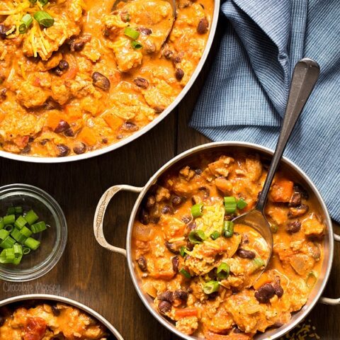 Buffalo Chicken Chili in small bowls with spoon