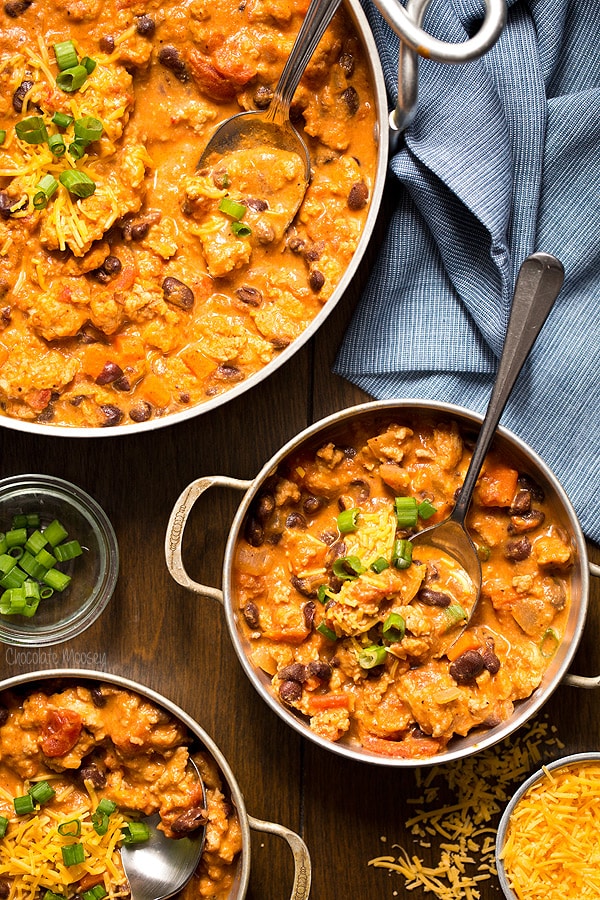 Buffalo Chicken Chili in small bowls with spoon