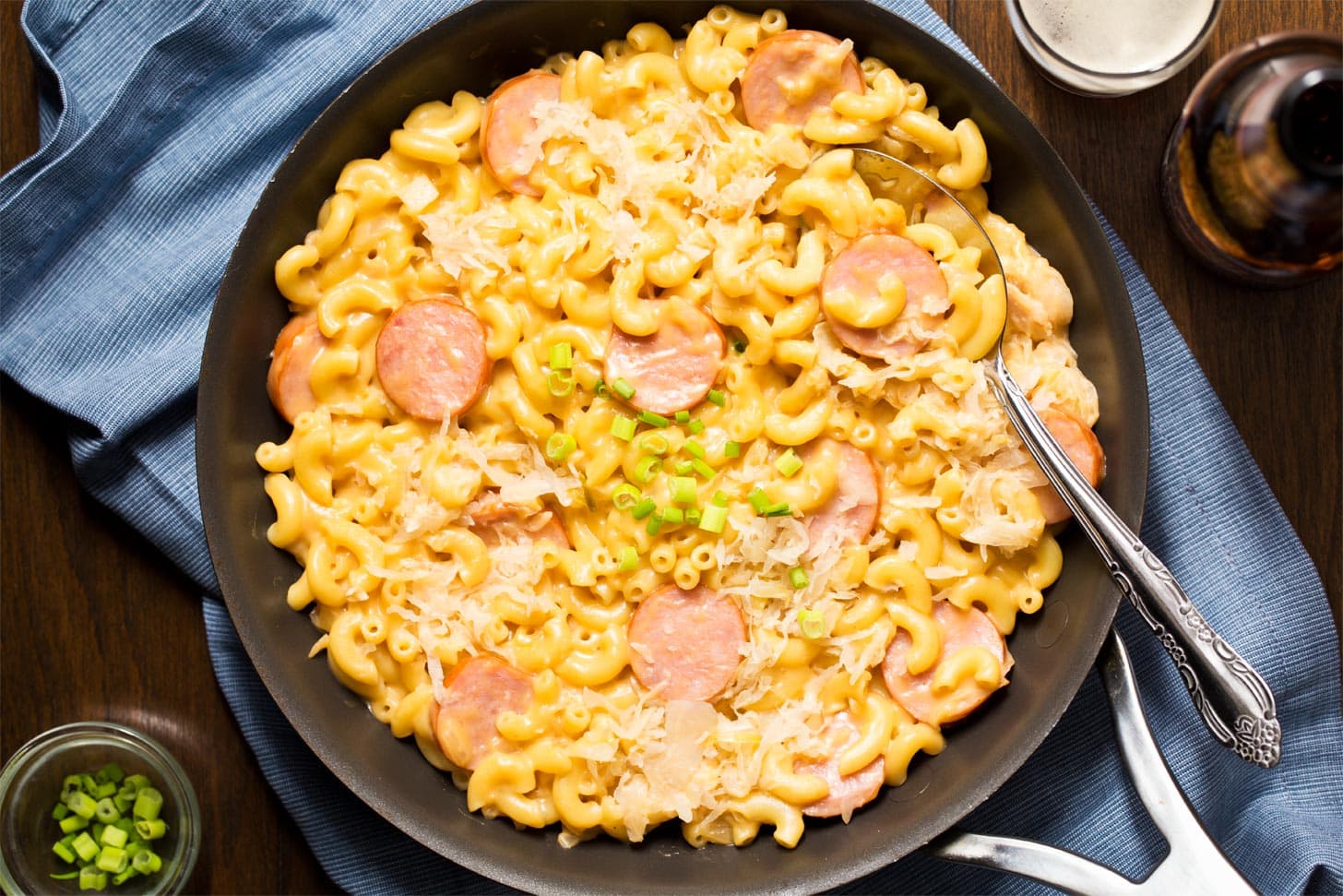 Stovetop mac and cheese with kielbasa in skillet