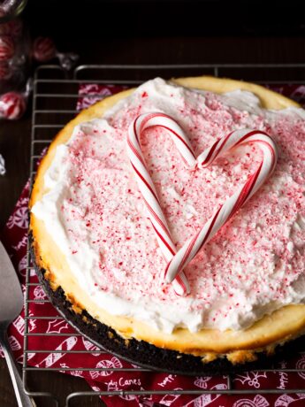 Peppermint Cheesecake with candy cane heart on top