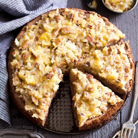 German Chocolate Cheesecake with homemade coconut pecan frosting