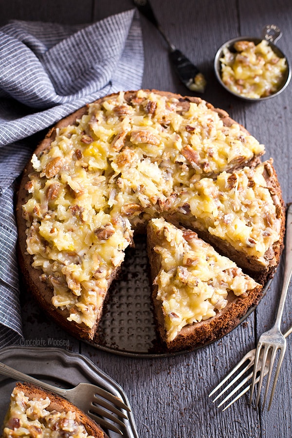 German Chocolate Cheesecake with homemade coconut pecan frosting