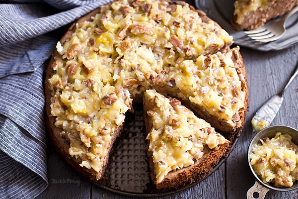 German Chocolate Cheesecake with homemade coconut pecan frosting