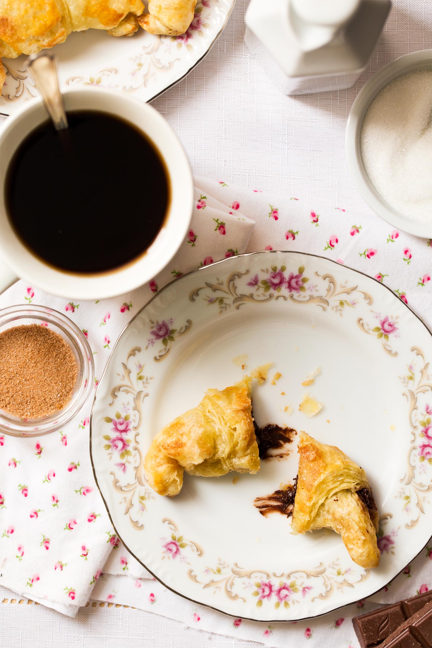 Chocolate croissants using puff pastry cut in half