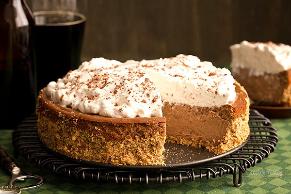 Chocolate Stout Cheesecake with pretzel crust