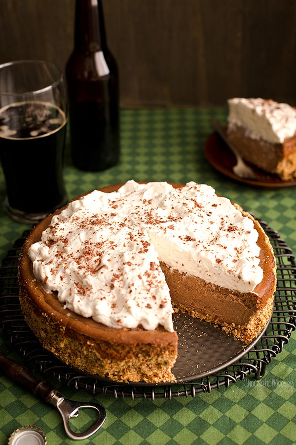 Chocolate Stout Cheesecake with pretzel crust