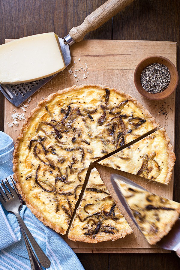 French Onion Quiche with caramelized onions and Gruyere cheese