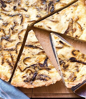 French Onion Quiche with caramelized onions and Gruyere cheese