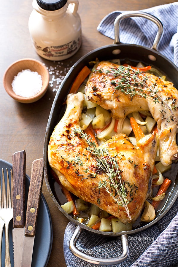 Chicken quarters roasted in a roasting pan