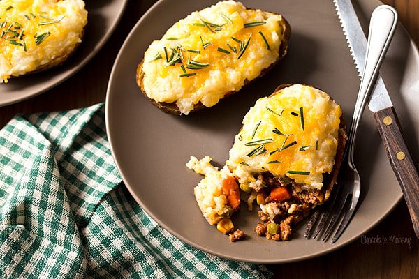 Cottage Pie Baked Potatoes on plate with knife and fork