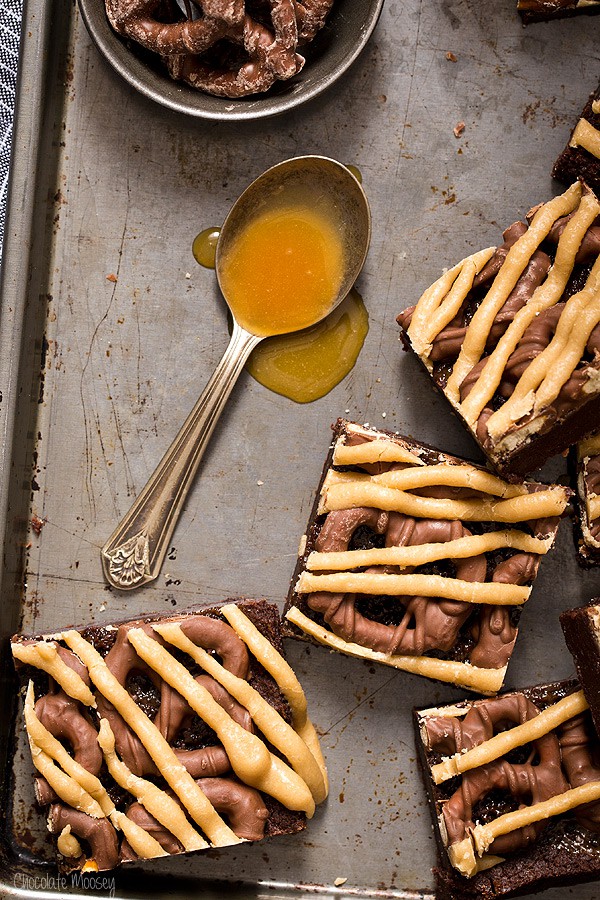 Chocolate Covered Pretzel Caramel Brownies