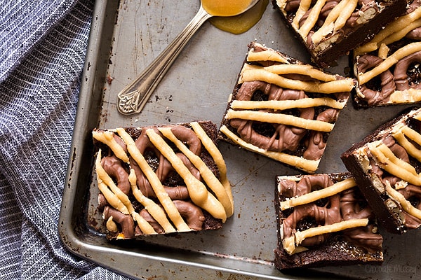 Chocolate Covered Pretzel Caramel Brownies