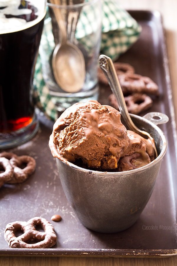 Chocolate Stout Ice Cream with chocolate covered pretzels and caramel sauce