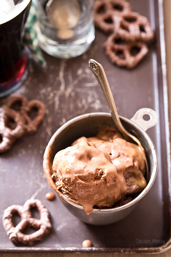 Chocolate Stout Ice Cream with chocolate covered pretzels and caramel sauce