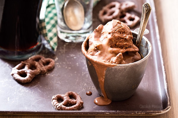 Chocolate Stout Ice Cream with chocolate covered pretzels and caramel sauce