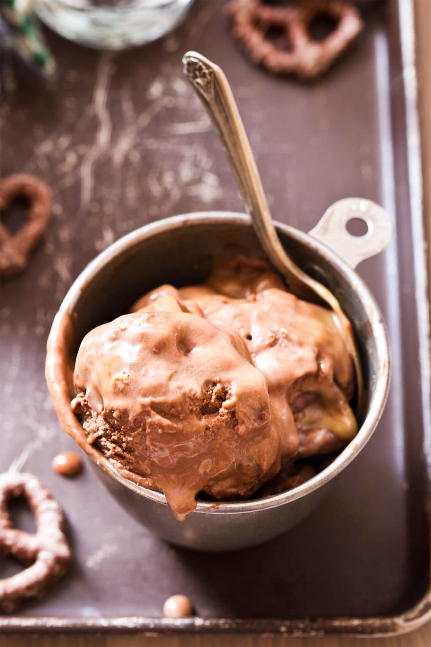 Melty Guinness beer ice cream with chocolate covered pretzels