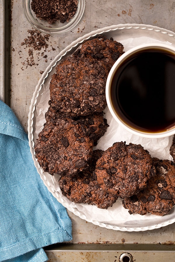 Chocolate Cheesecake Cookies rolled in Oreo cookie crumbs