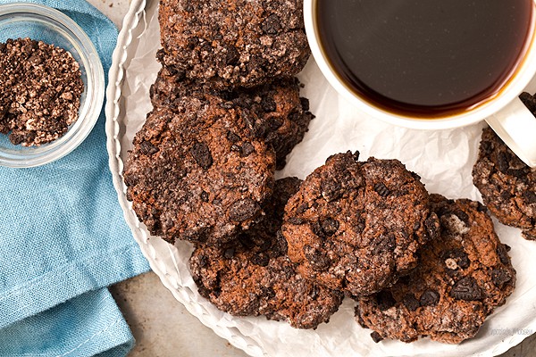 Chocolate Cheesecake Cookies rolled in Oreo cookie crumbs