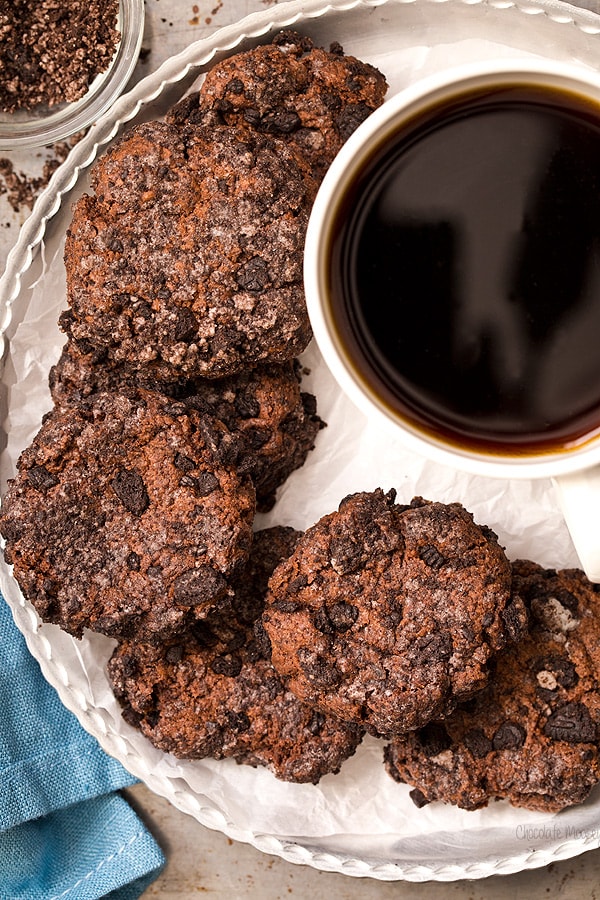 Chocolate Cheesecake Cookies rolled in Oreo cookie crumbs