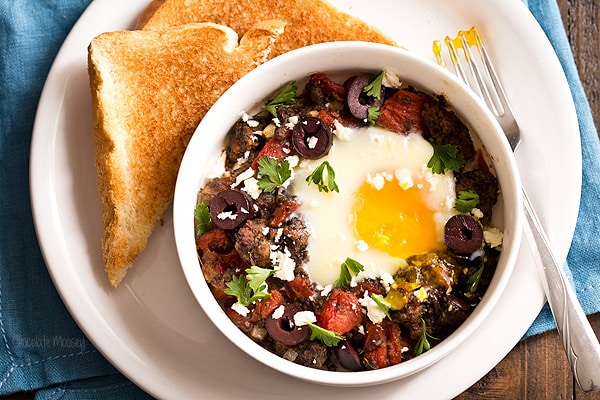 Greek Baked Eggs With Lamb and Mushrooms