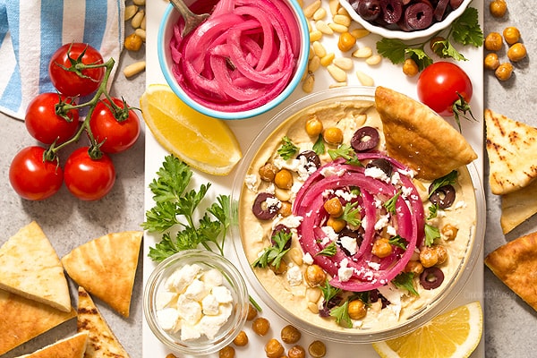 Pickled Red Onions and Hummus Bar