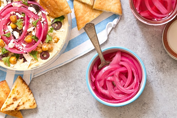 Pickled Red Onions and Hummus Bar